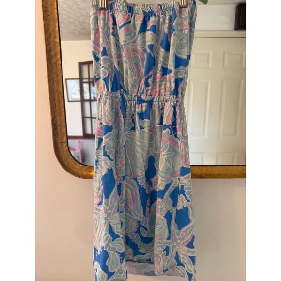 Lilly Pulitzer Strapless Mini Dress Blue Pink Floral Shells Elastic Waist - Picture 3 of 5